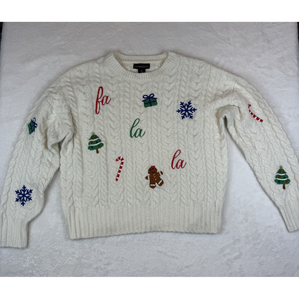 Cynthia Rowley Womens Small Cream Cable Knit Embroidered Christmas Sweater